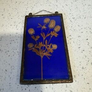 Vintage Blue Glass Wall Hanging with Pressed Dried Flowers